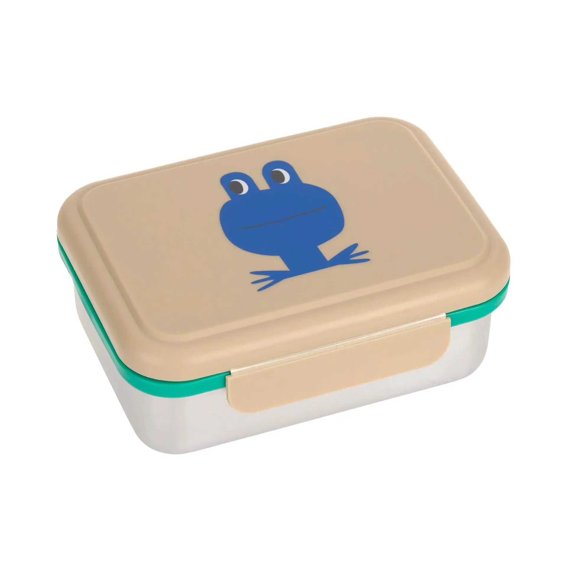 LÄSSIG lunchbox with blue frog illustration; beige lid, green base