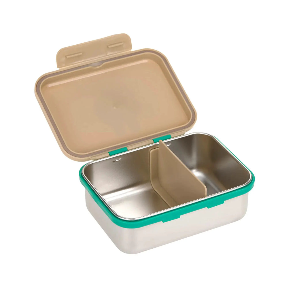 LÄSSIG lunchboxes (2) with teal body and beige lid, happy trails frog, stainless steel interior