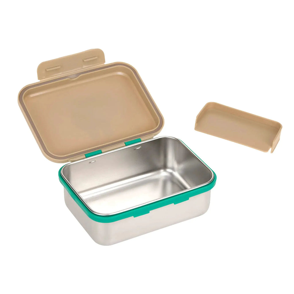 LÄSSIG lunchbox set with teal exterior and beige lids; stainless-steel interior, 2 pieces shown