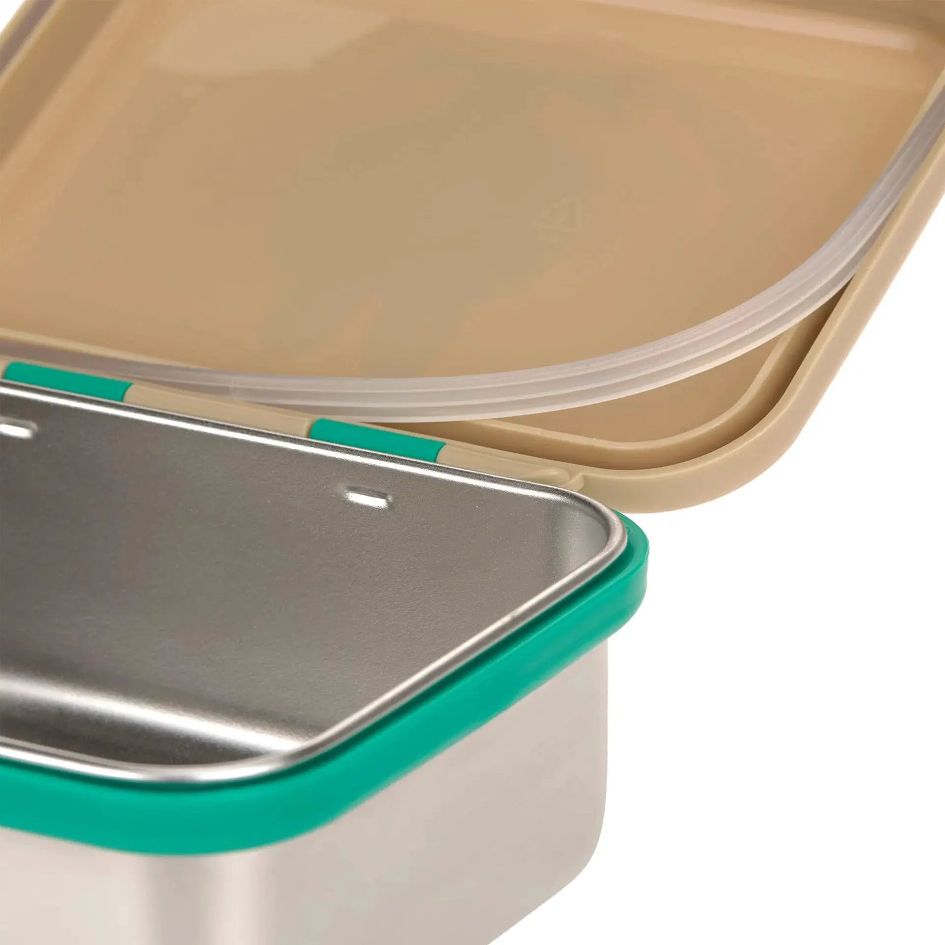 LÄSSIG lunchbox with teal rim and metal interior, open view