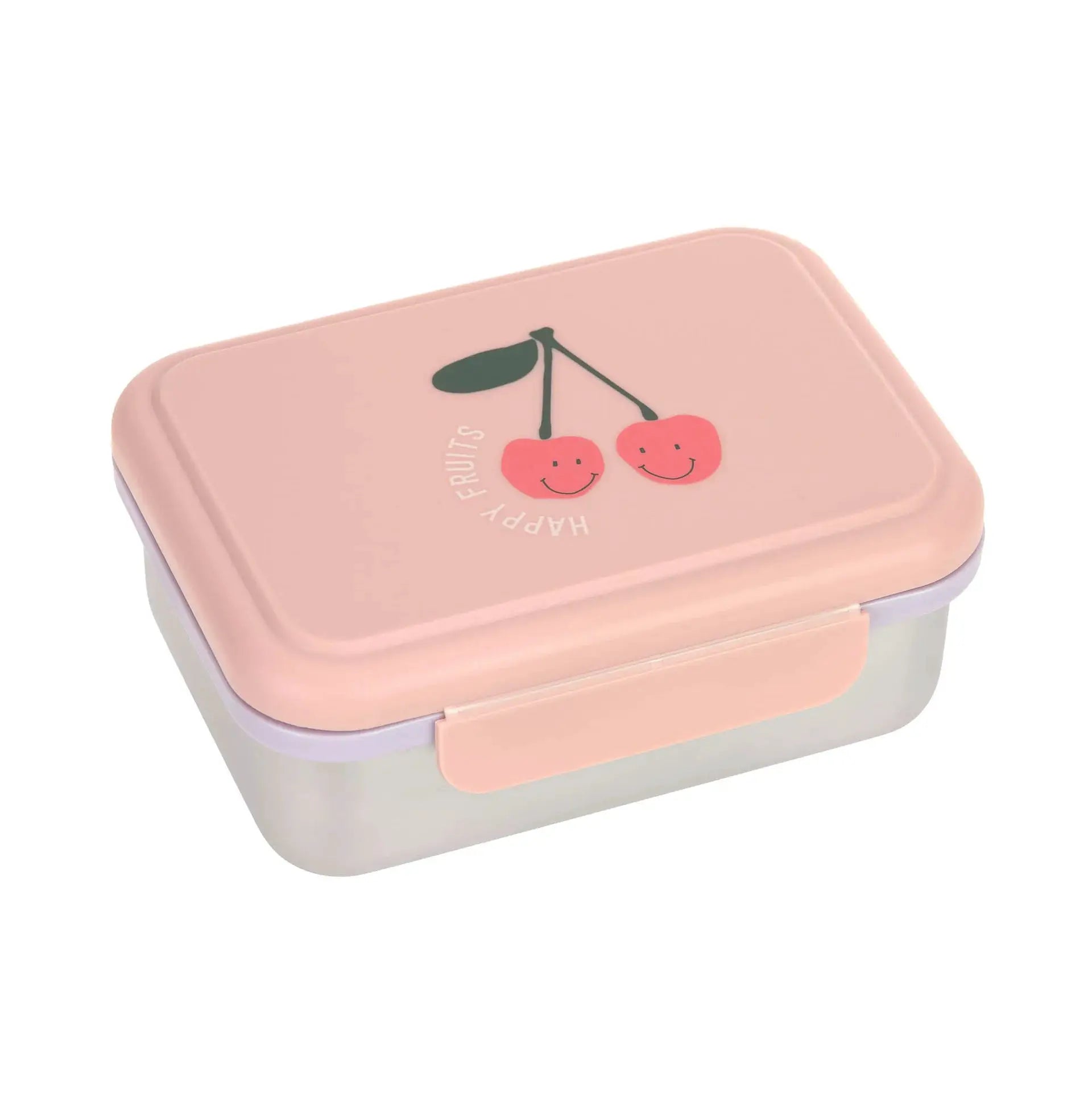 LÄSSIG lunchbox pink lid featuring two smiling cherries on a light-gray base