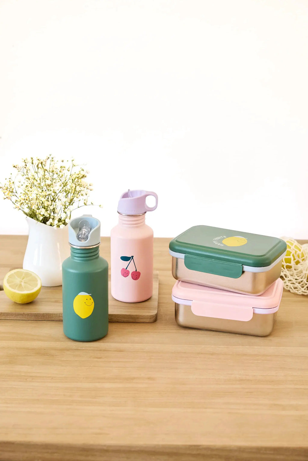 LÄSSIG lunchbox set of 3, happy fruits cherry, pastel green and pink metal containers