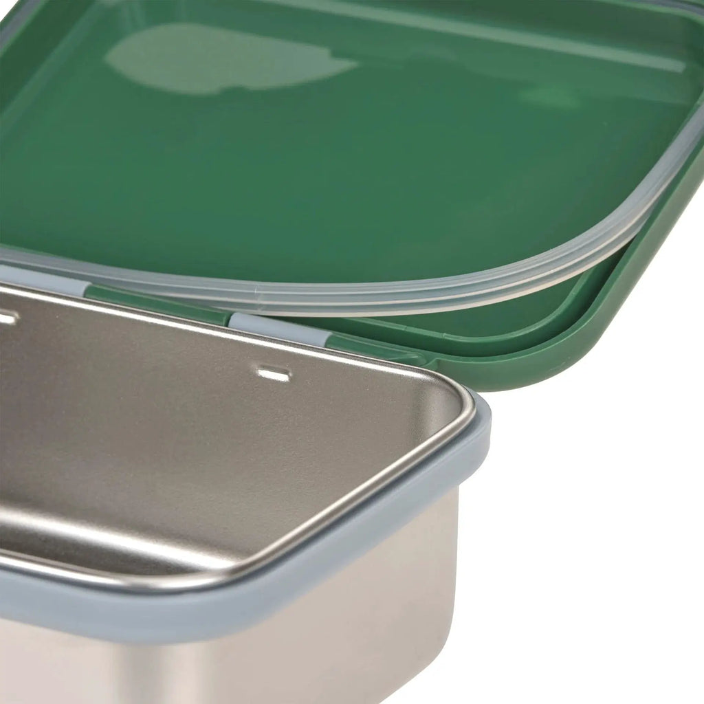 LÄSSIG lunchbox with green interior and gray metal lid, compact stackable lunch container