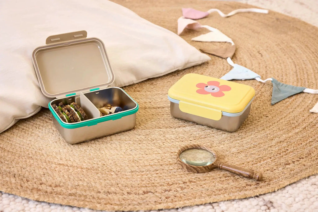 LÄSSIG lunchbox happy trails / flowers; two metal bento boxes, yellow flower lid with teal trim