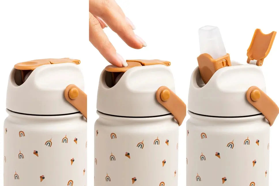 Gourde isotherme THE COTTON CLOUD 420 ml, beige body with tan cap strap, décor arcs et glaces, 3 exemplaires