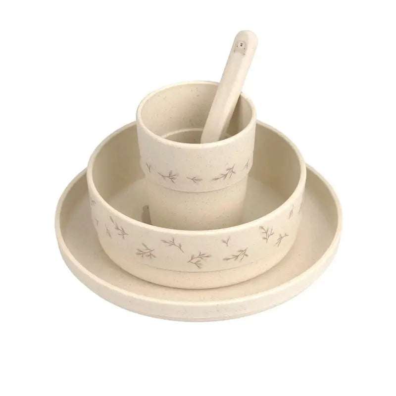 LÄSSIG set repas beige speckled ceramic feeding set with bamboo motif; plate, nested bowls and spoon