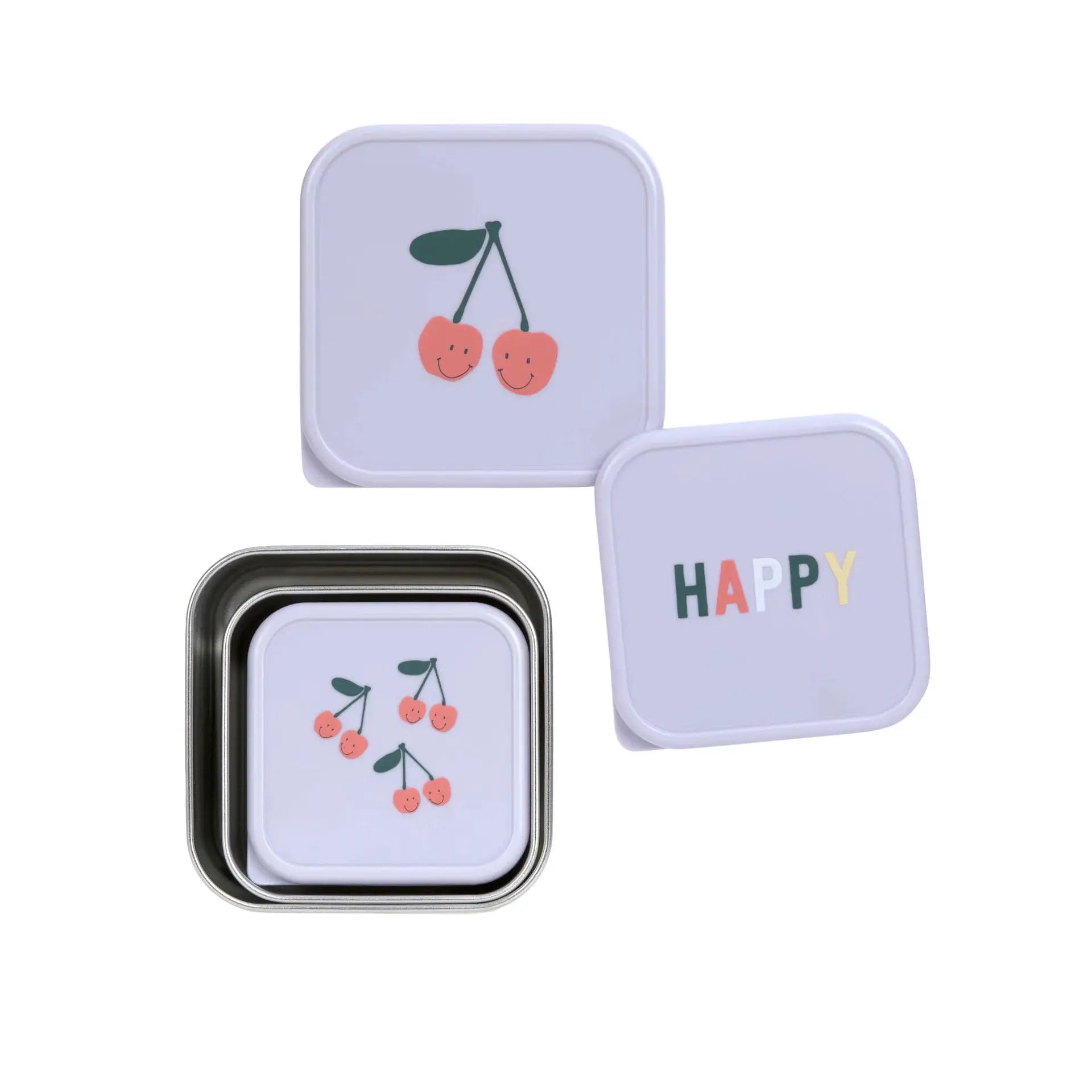 LÄSSIG set de 3 boîtes à collation cerises, contenants alimentaires métalliques pastel lilas