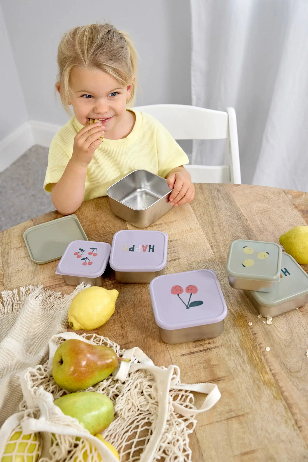 LÄSSIG set de 3 boîtes à collation en métal, couvercles pastel lavande avec motifs cerises.