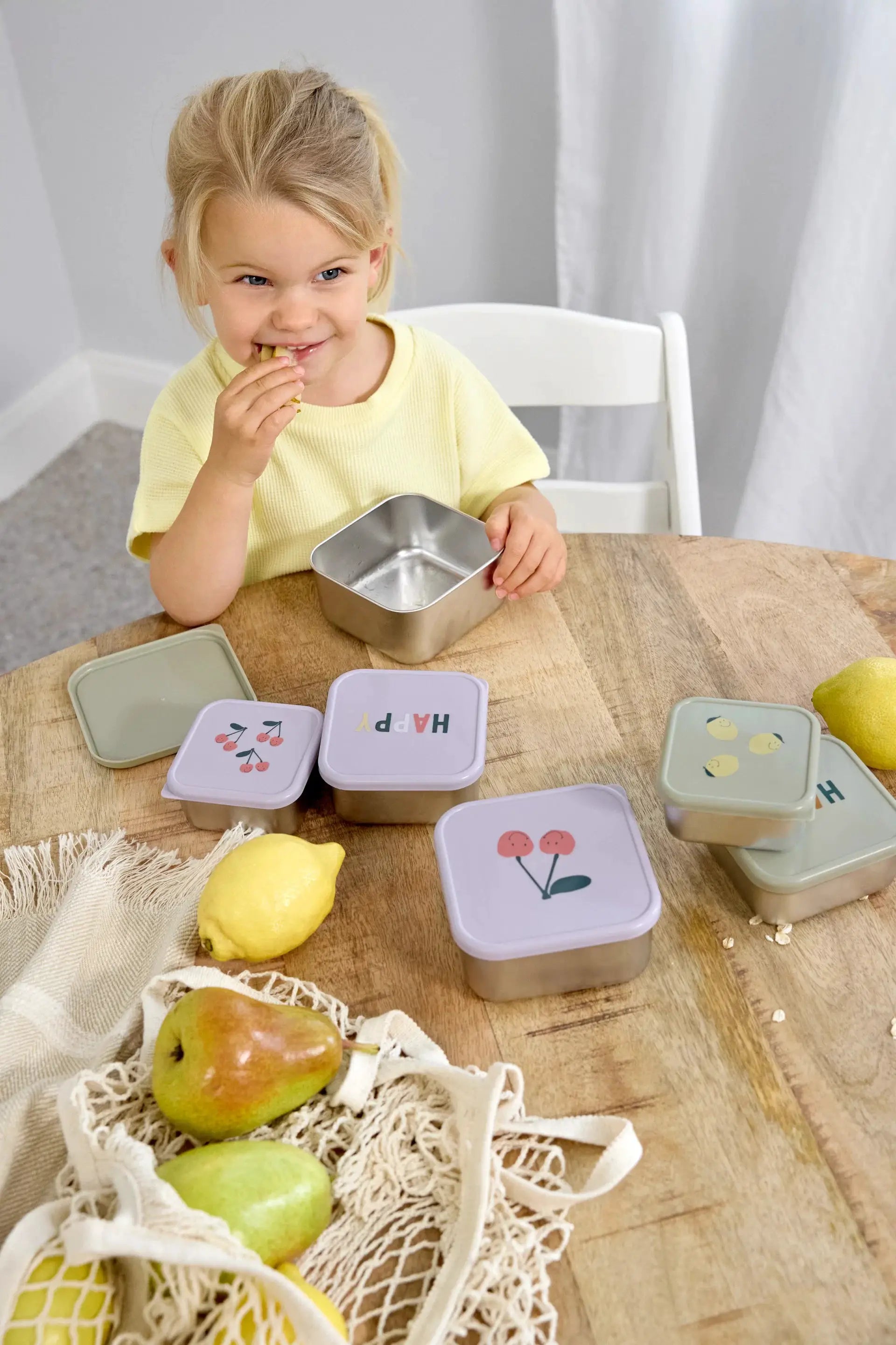 LÄSSIG set de 3 boîtes à collation en métal, couvercles pastel lavande avec motifs cerises.