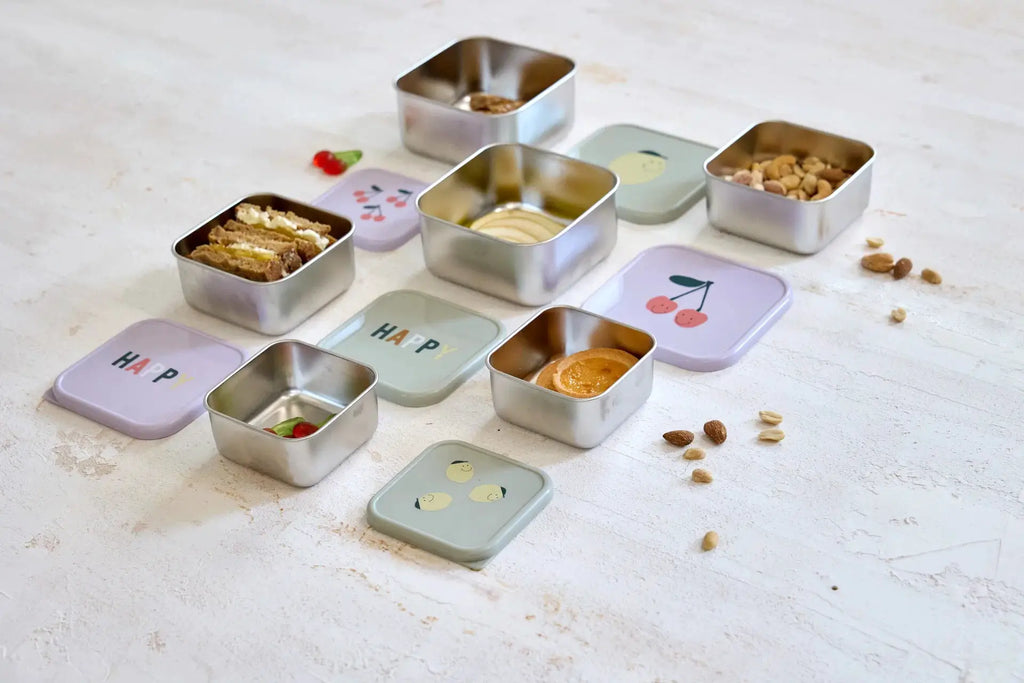 LÄSSIG set de 3 boîtes à collation en acier inoxydable avec couvercles pastel lilas illustrés