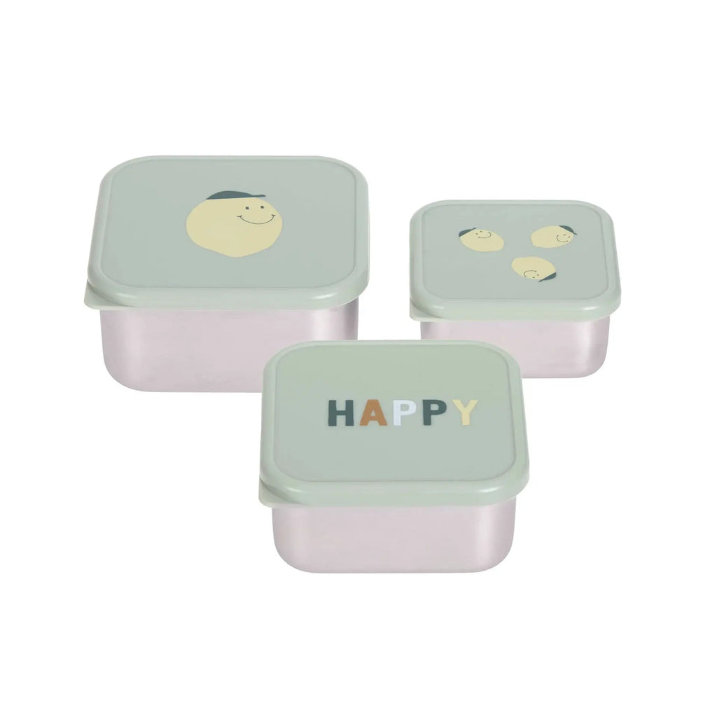 Set de 3 boîtes à collation LÄSSIG, couvercles vert menthe et corps rose pastel avec motifs souriants