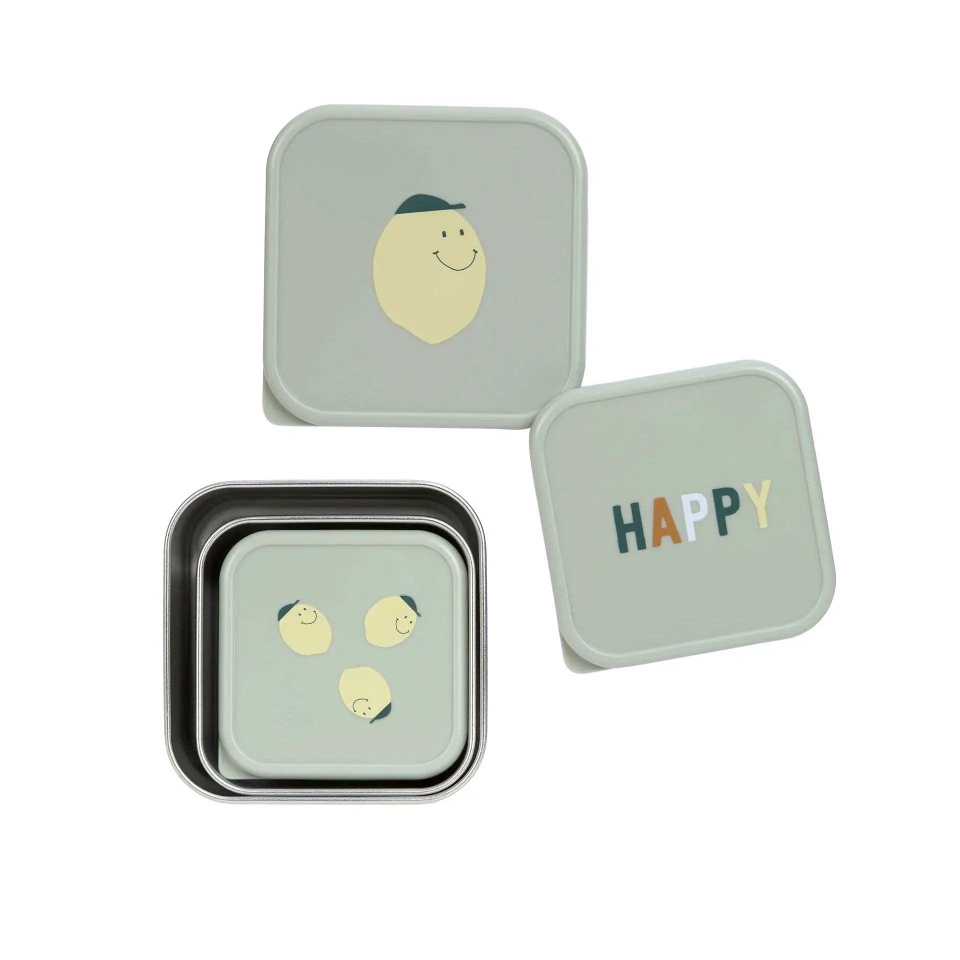 LÄSSIG set de 3 boîtes à collation gris clair avec motif citron et texte HAPPY
