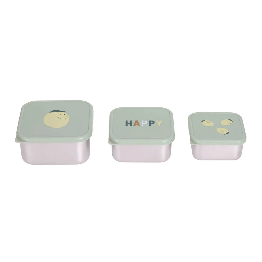 LÄSSIG set de 3 boîtes à collation lemon, Citron Grenadine, boîtes pastel gris-vert avec motifs sourire et HAPPY