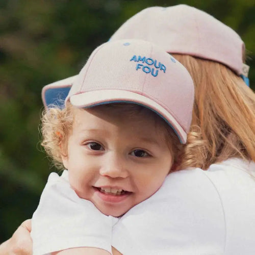 CHAMAYE casquette amour fou baseball cap, pink with blue embroidery, Citron Grenadine
