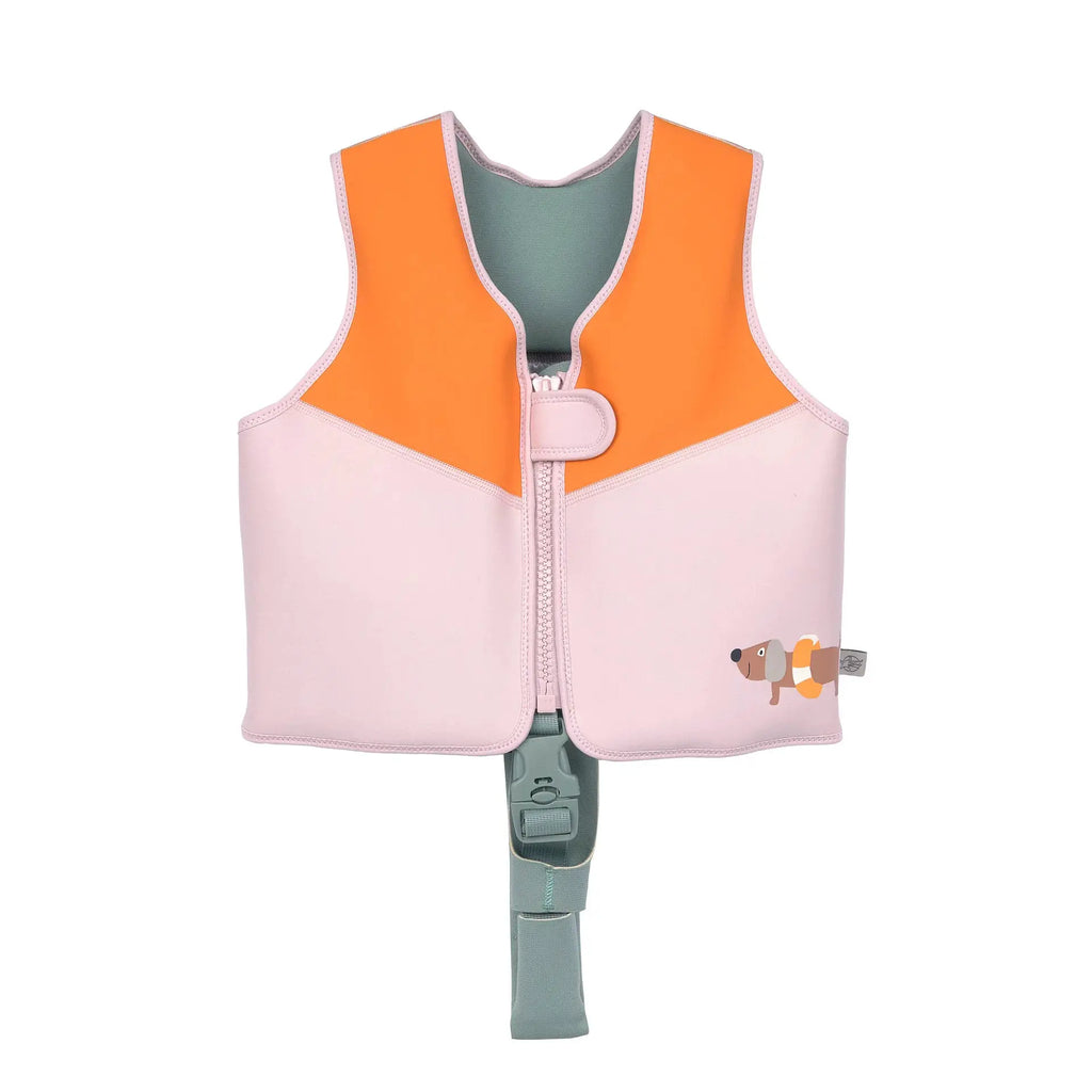 LÄSSIG swim vest pink and orange with pale pink trim, front zipper, dog graphic.