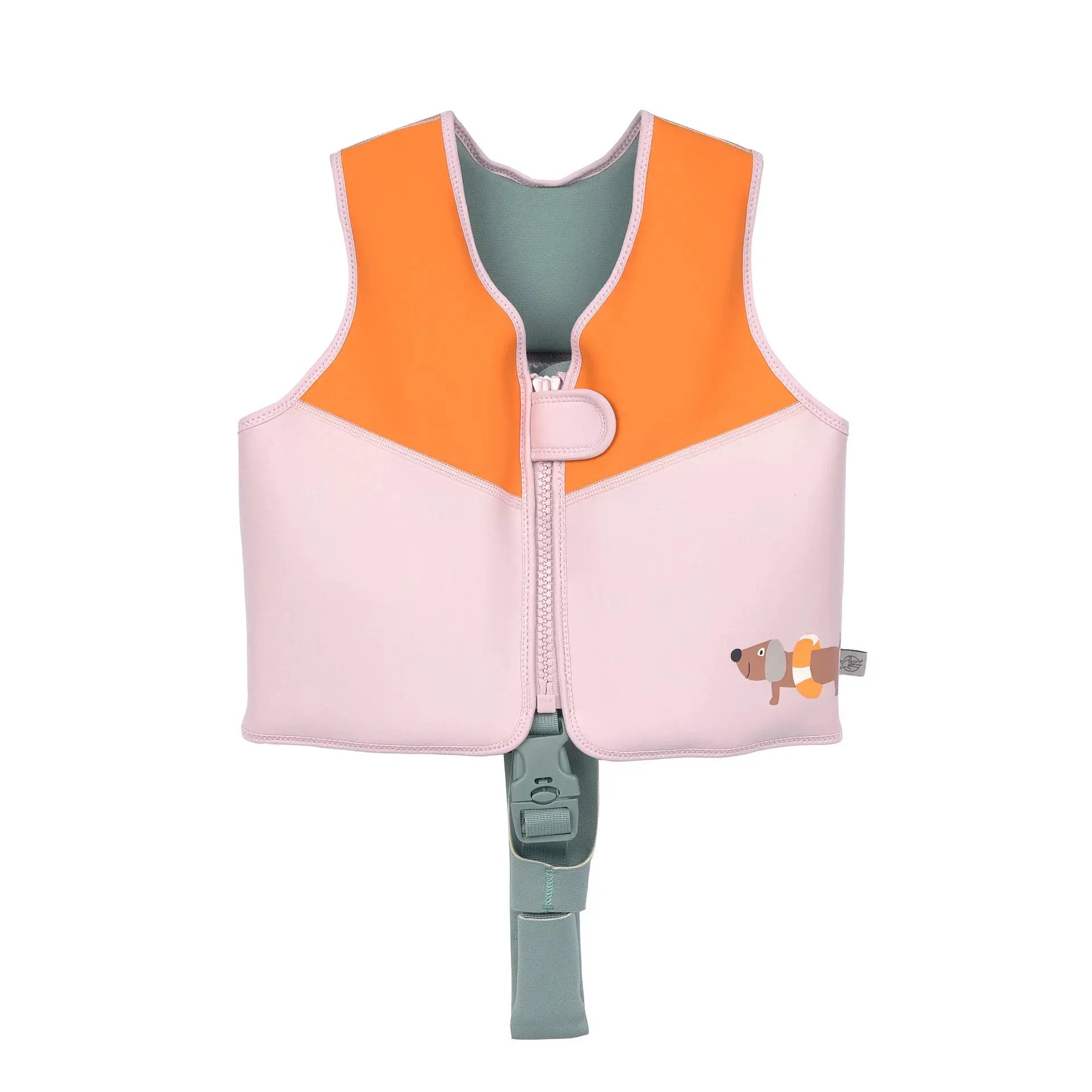 LÄSSIG swim vest pink and orange with pale pink trim, front zipper, dog graphic.