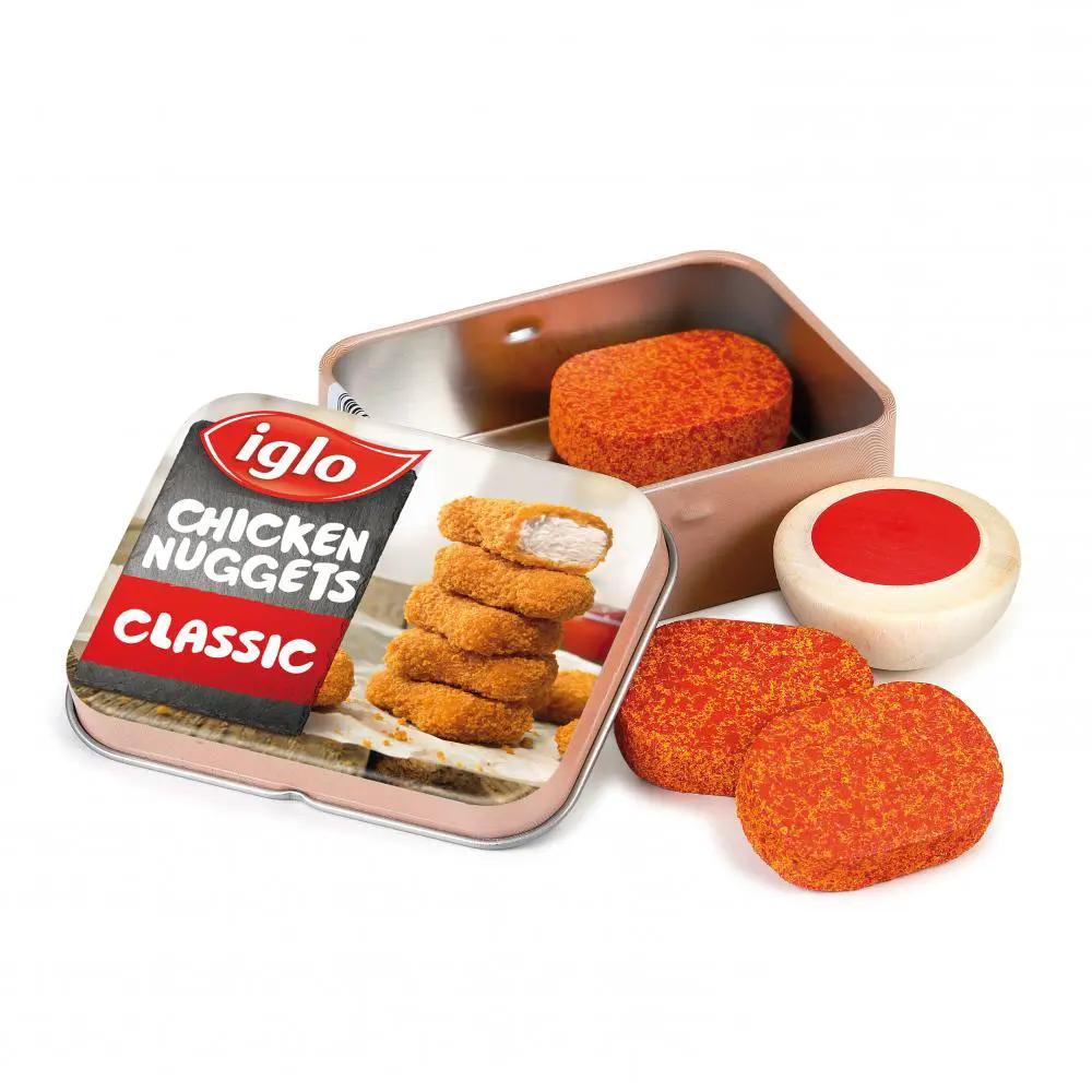 ERZI chicken nuggets toy set in a pink metal tin with several Iglo Classic orange breaded nuggets.