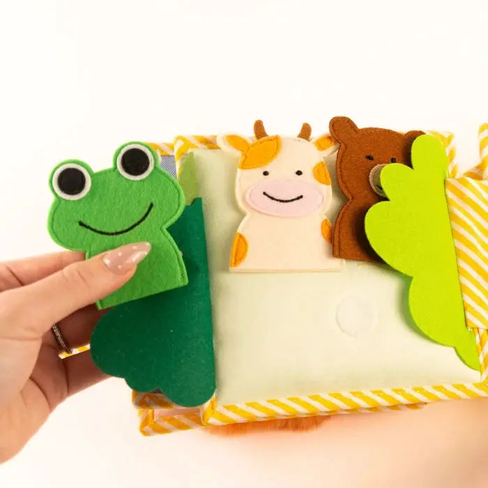 JOLLY DESIGNS livre d'éveil en feutrine; animaux: grenouille verte, vache beige, ours brun (6m+)