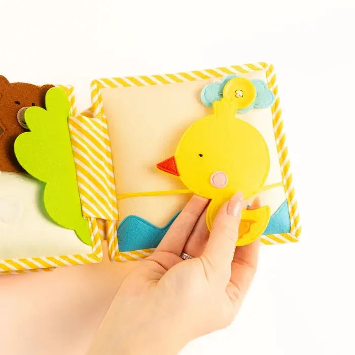JOLLY DESIGNS livre d'éveil en tissu pour bébés, poussin jaune et décor coloré