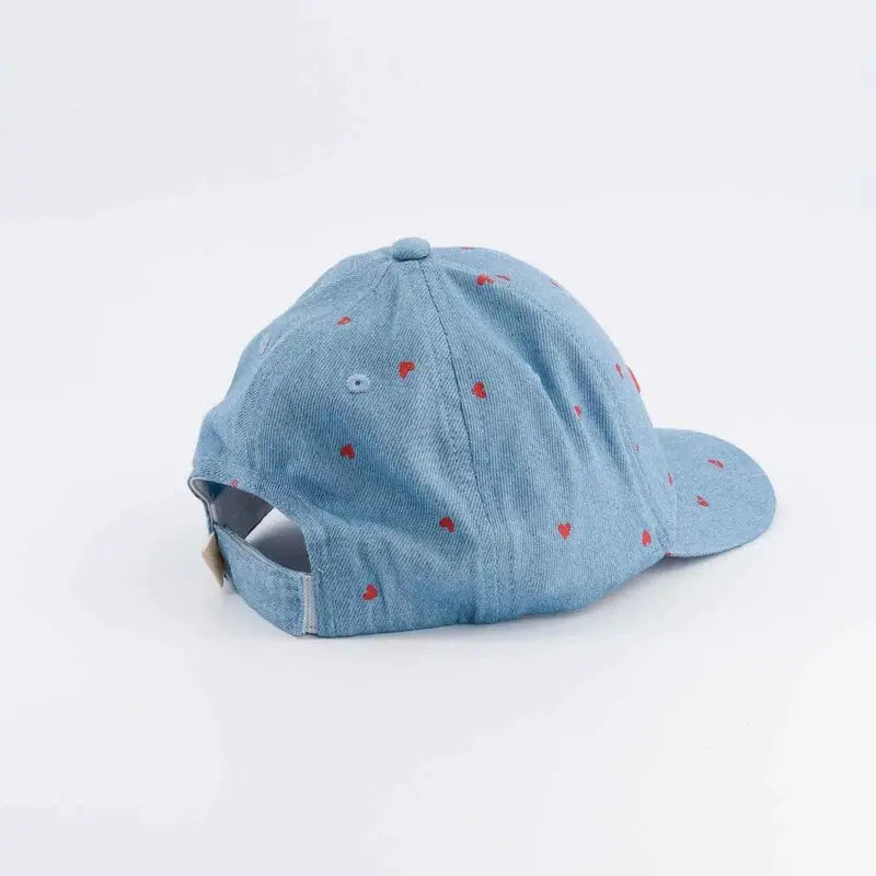 CHAMAYE denim baseball cap with red heart print, adjustable back strap, Citron Grenadine