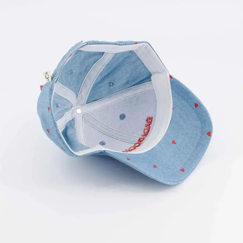 CHAMAYE denim badaboom baseball cap with red hearts by Citron Grenadine