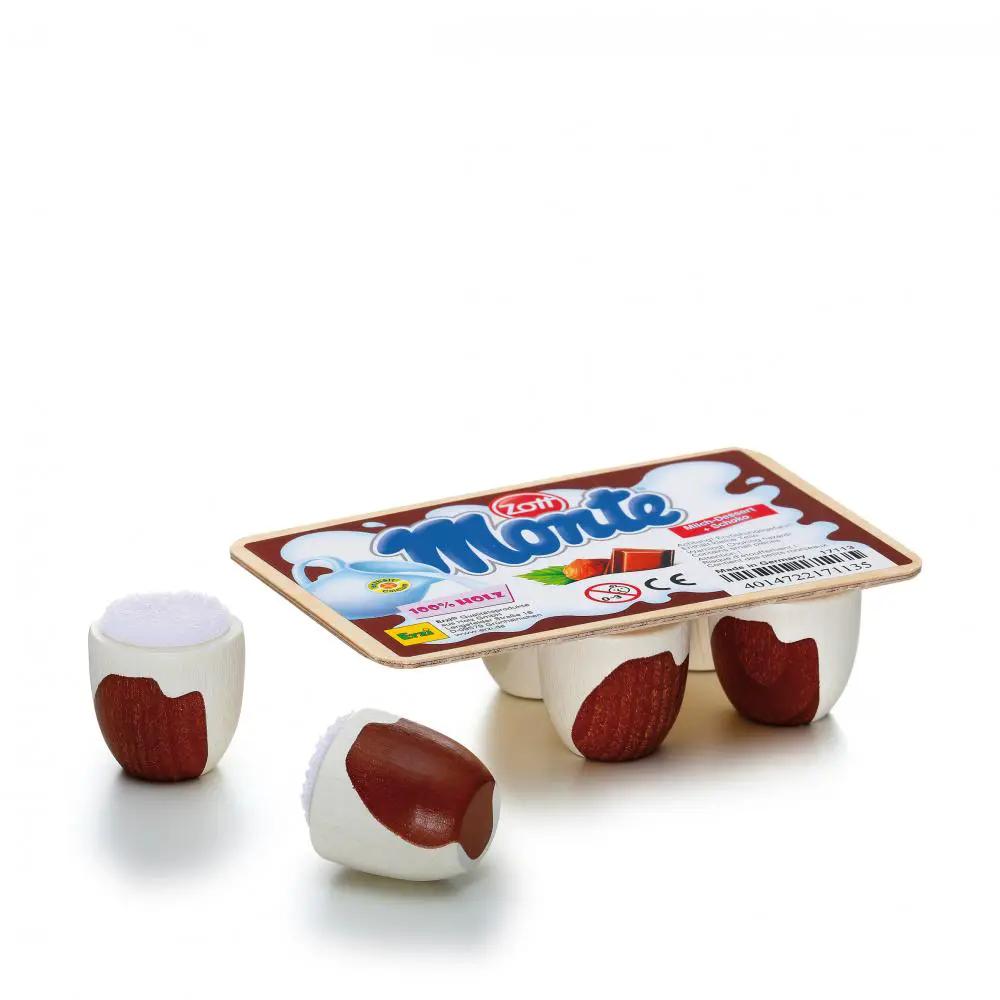 ERZI Monte creme dessert toy set by Citron Grenadine; three wooden cups with white bodies and brown filling on a tray.