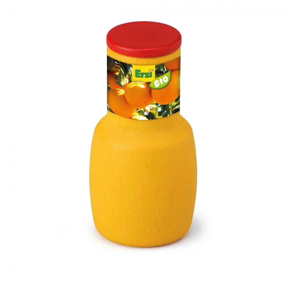 ERZI orange juice wooden toy bottle, yellow body, red cap, ages 3+