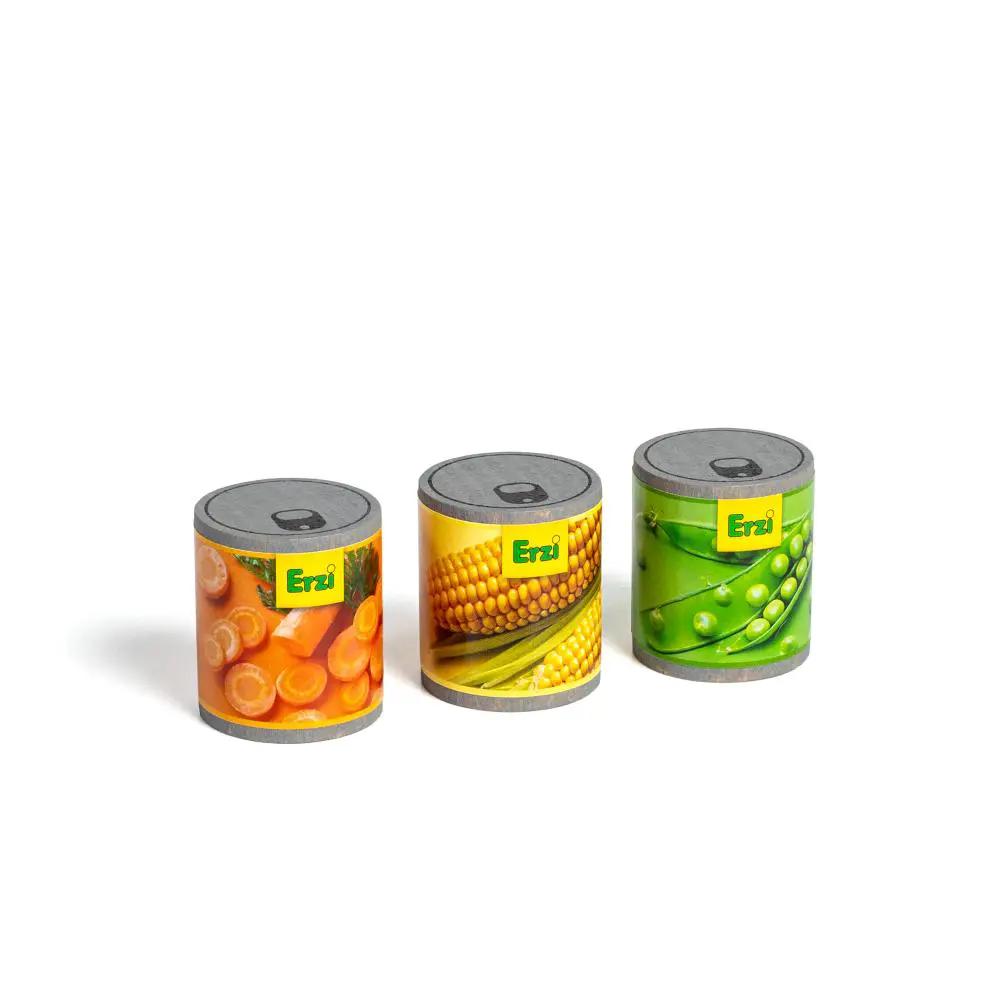 Erzi conserves de légumes jouets, lot de 3 boîtes cylindriques imitations avec carottes, maïs et petits pois