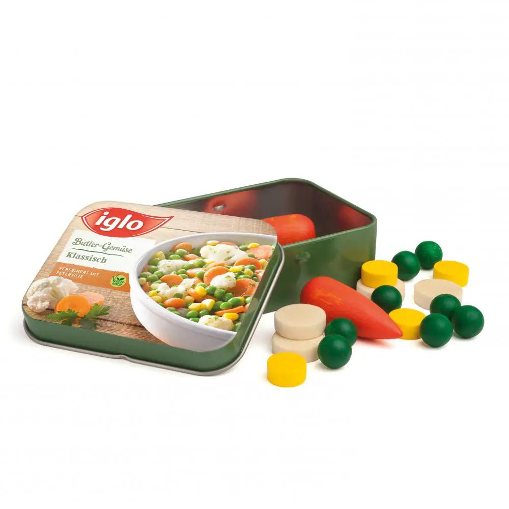 ERZI légumes surgelés +3 ans imitation alimentaire, Iglo logo sur boîte verte avec légumes jouets colorés