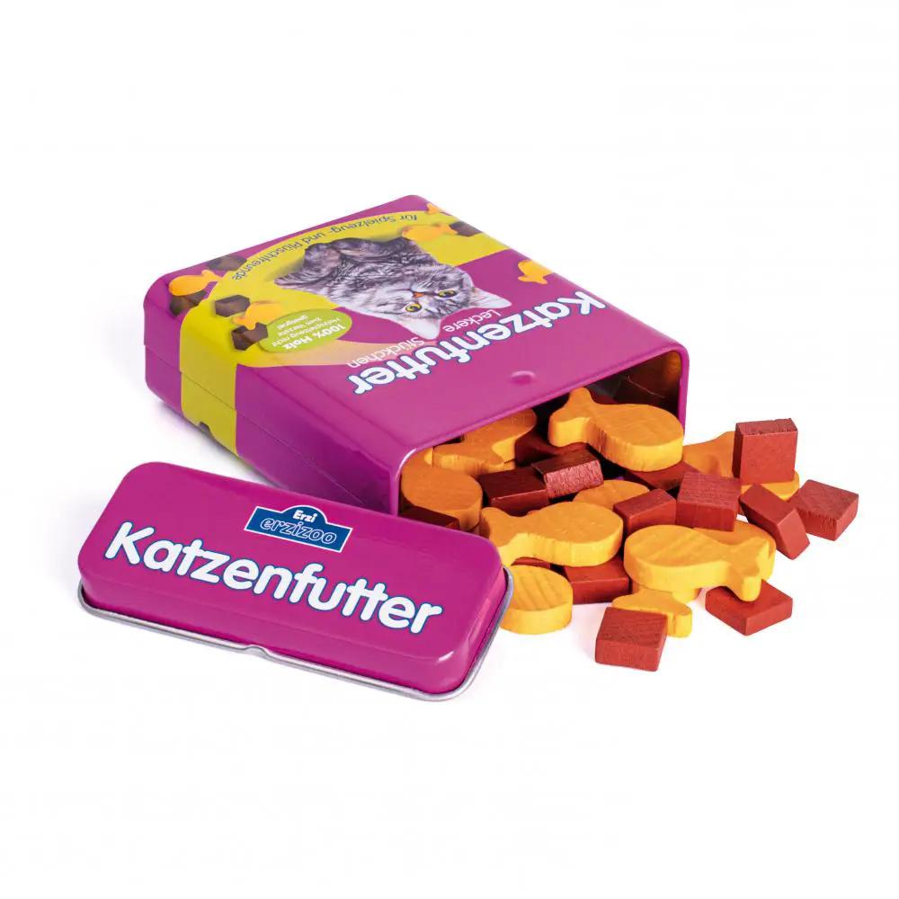 ERZI croquettes chat dans boîte violette; croquettes jaunes et cubes rouges, plusieurs pièces visibles