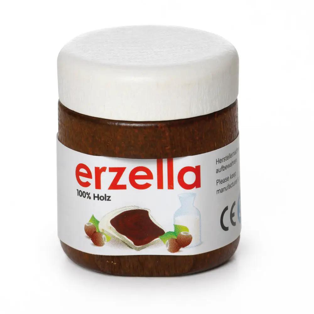 ERZI choco à tartiner toy jar with brown faux chocolate spread in a wooden jar and white cap.