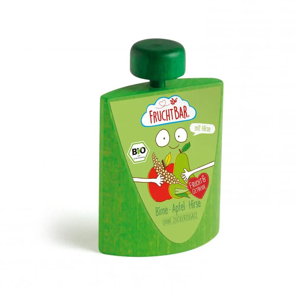 ERZI compotine +3 ans bouteille verte en plastique avec étiquette FruchtBar et illustration de fruits