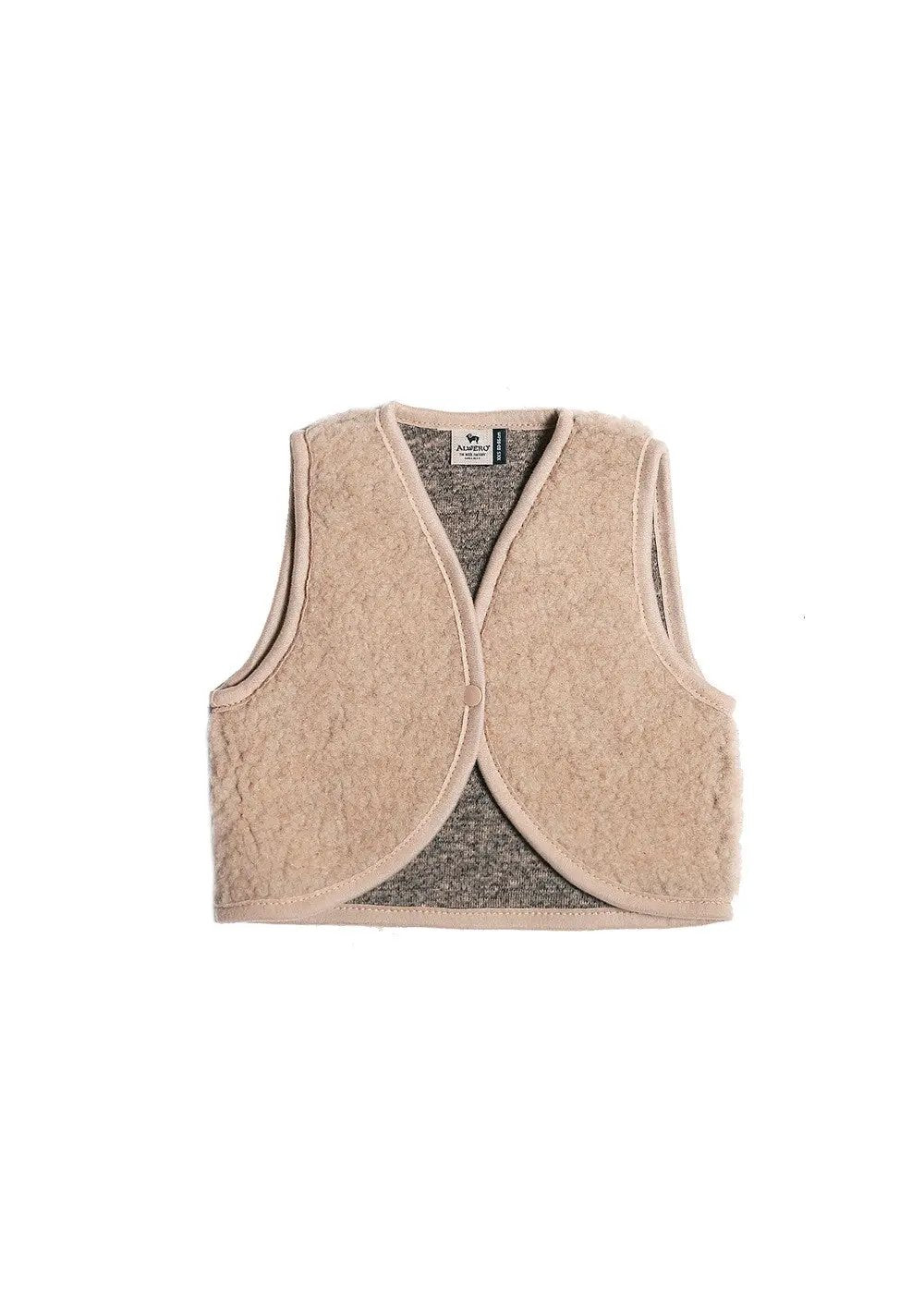 ALWERO gilet en laine Lulu tan pour enfants, bouclé sans manches avec bouton unique