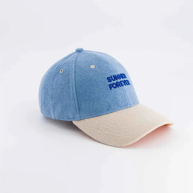 CHAMAYE casquette éponge baseball cap in blue with beige brim, Citron Grenadine, embroidered SUMMER FOREVER.