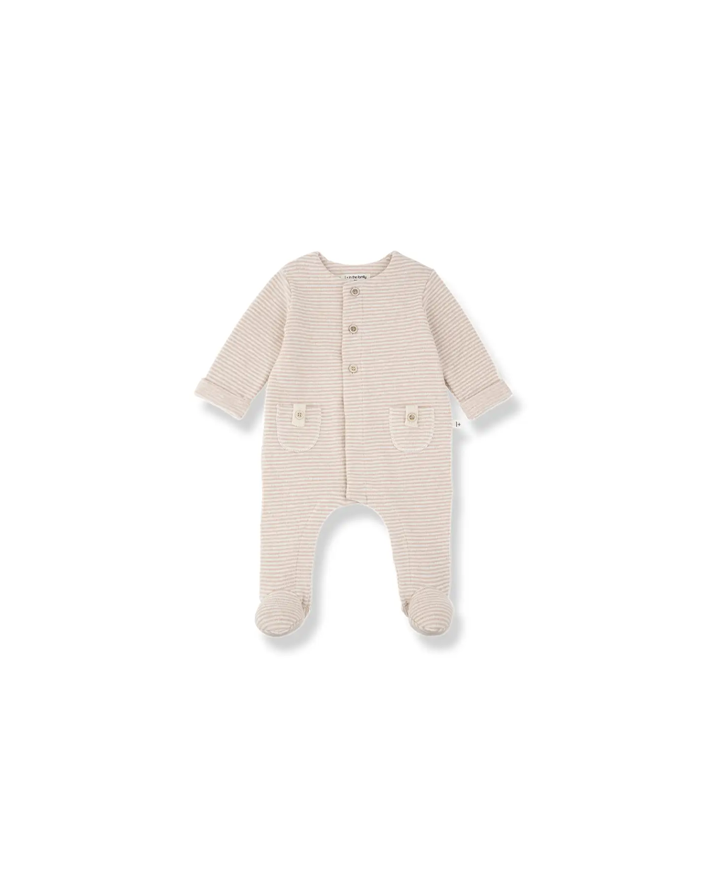 1+ in the Family Metz nude striped footed baby pyjama with front buttons and two pockets