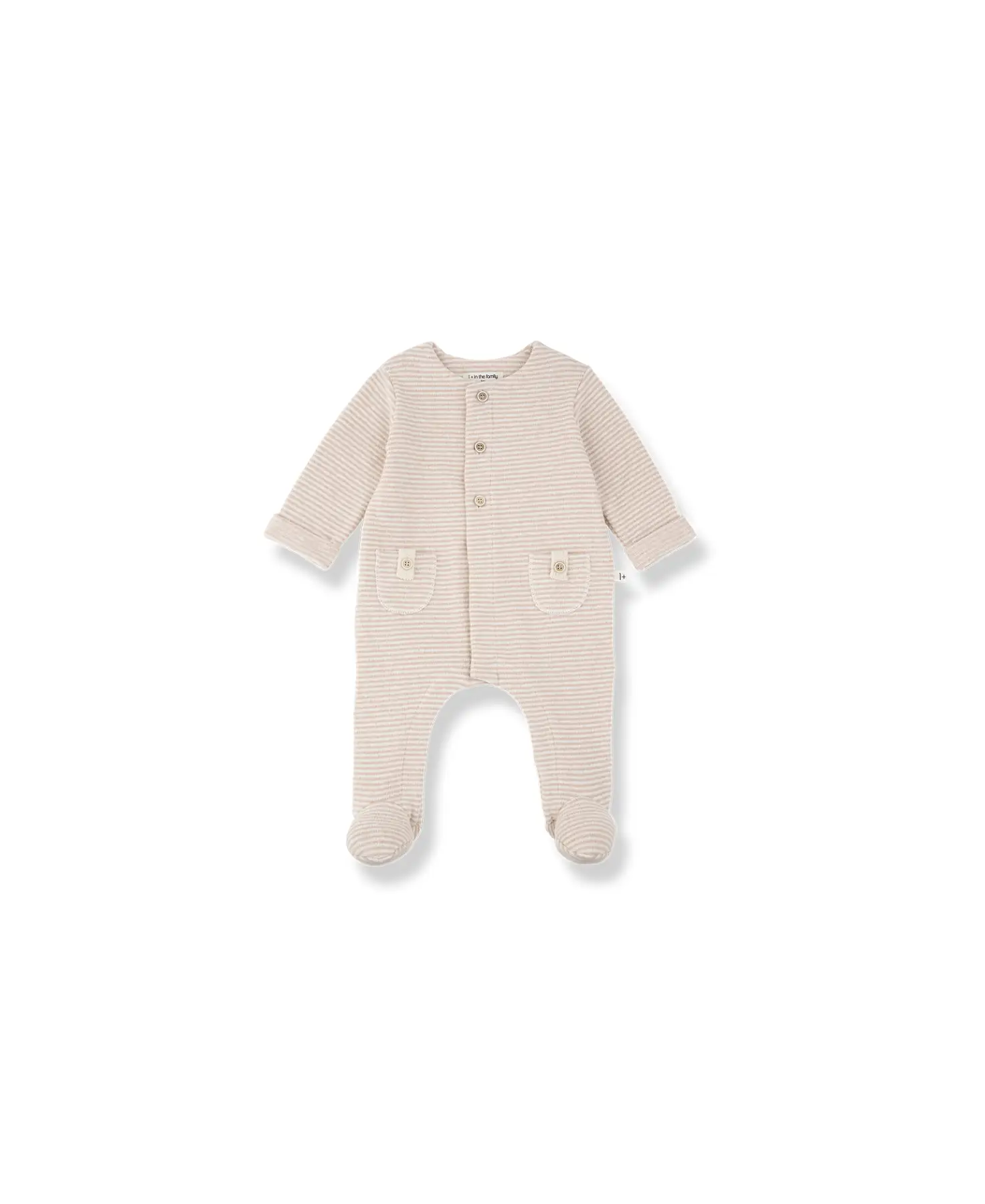 1+ in the Family Metz nude striped footed baby pyjama with front buttons and two pockets