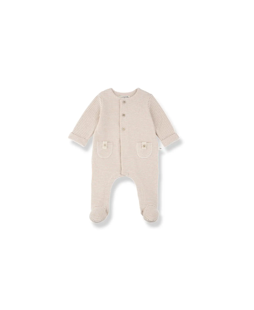 1+ in the Family Metz nude striped footed baby pyjama with front buttons and two pockets