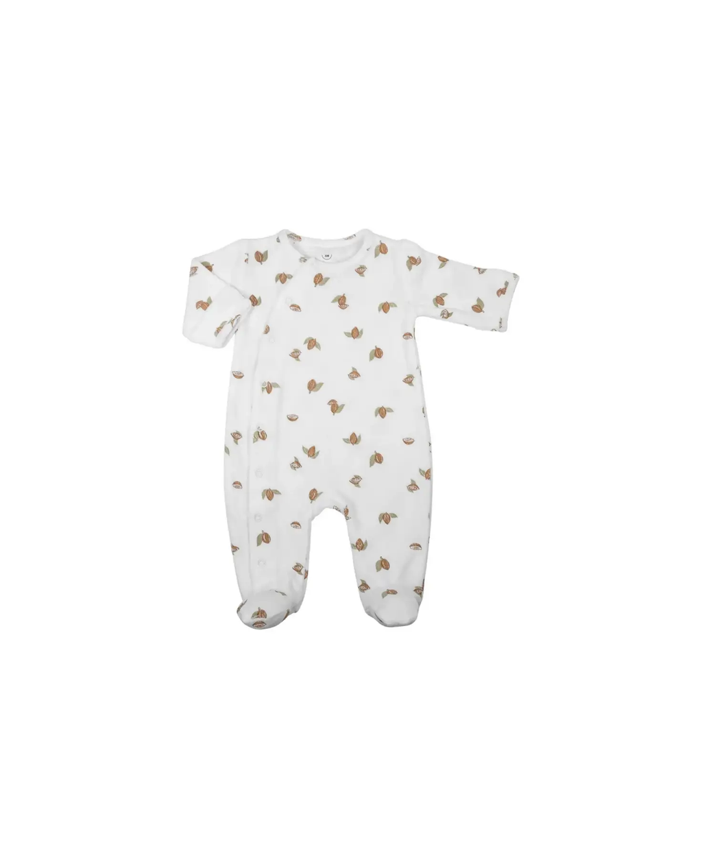 Pyjama velours pour bébé tonka, imprimé petites feuilles marron sur fond blanc, pieds attachés