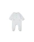 1+ IN THE FAMILY Metz sky blue baby pyjama onesie with cuffed sleeves, front patch pockets and wooden buttons