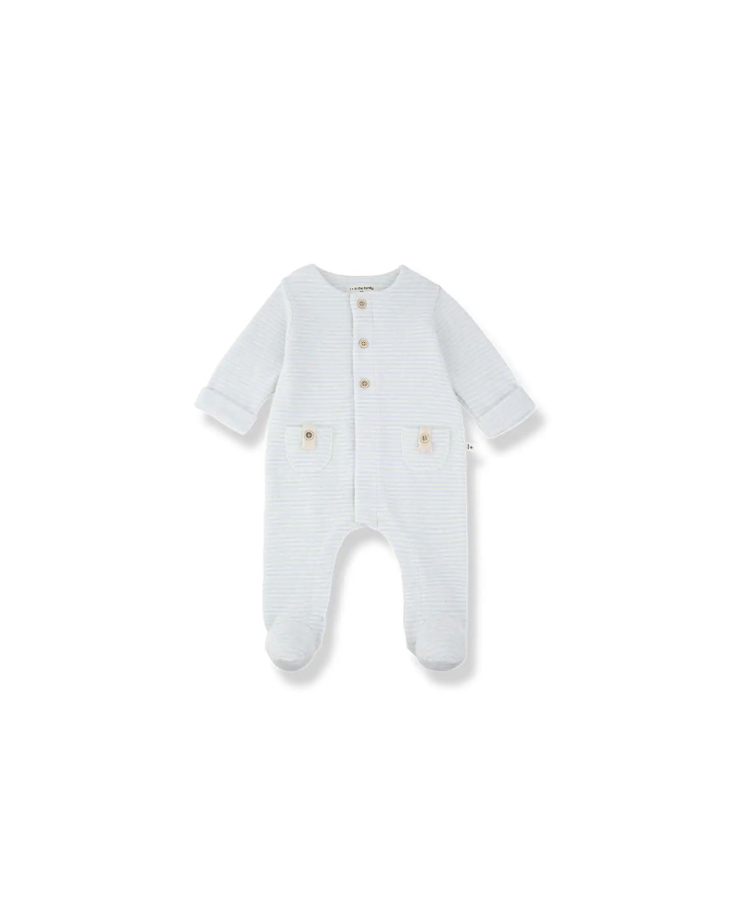 1+ IN THE FAMILY Metz sky blue baby pyjama onesie with cuffed sleeves, front patch pockets and wooden buttons