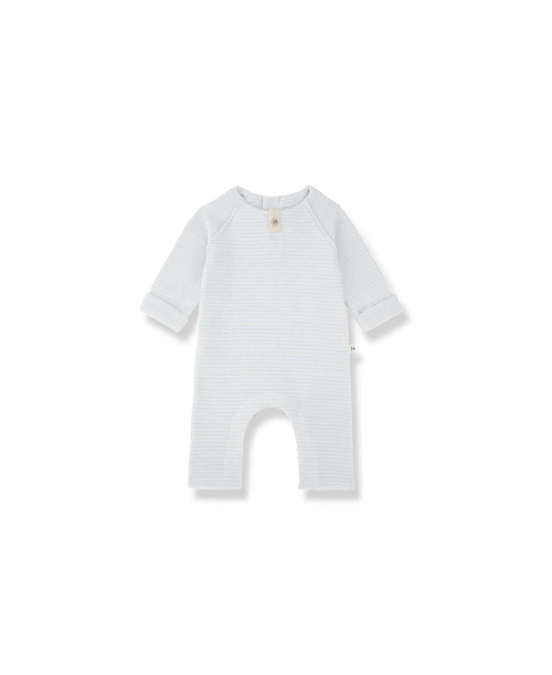 Laval combi bébé ciel à rayures bleues, manches longues, bouton beige sur l’encolure, Citron Grenadine