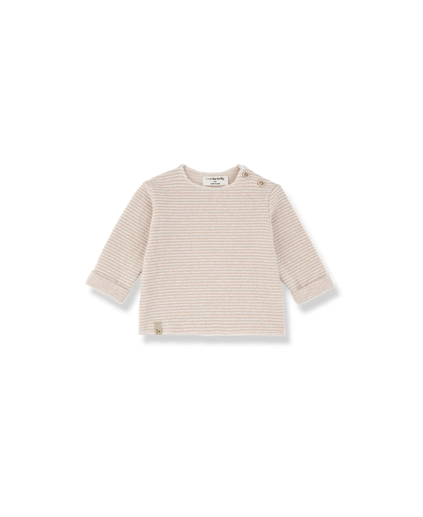 Aubin pull by Citron Grenadine in nude stripes; beige knit long-sleeve top with shoulder buttons.