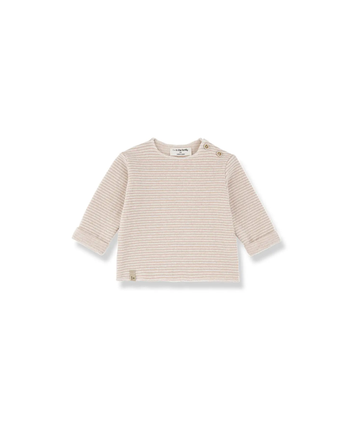 Aubin pull by Citron Grenadine in nude stripes; beige knit long-sleeve top with shoulder buttons.
