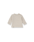 Aubin pull beige striped knit baby sweater with shoulder buttons; 1+ in the family label visible