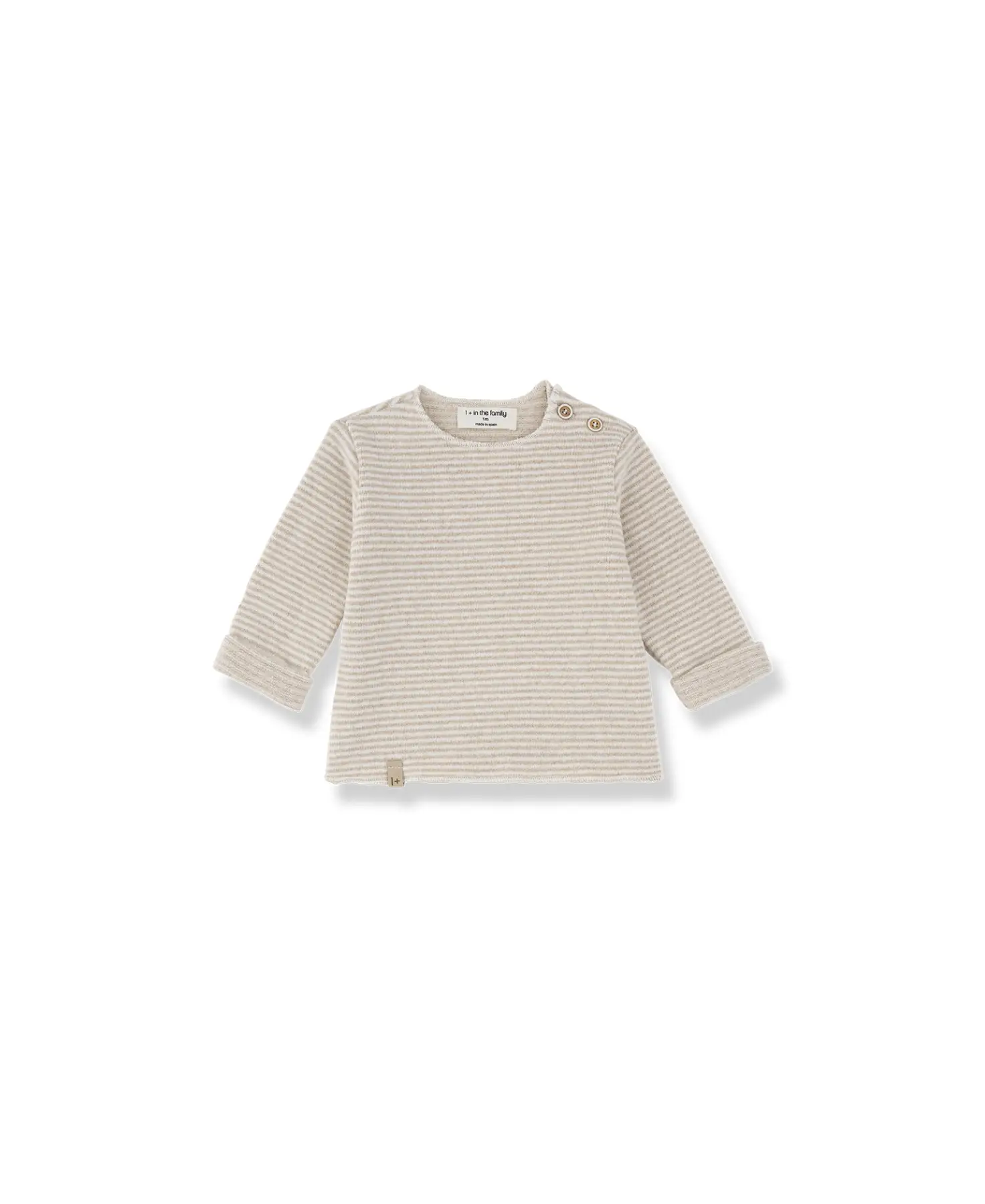 Aubin pull beige striped knit baby sweater with shoulder buttons; 1+ in the family label visible