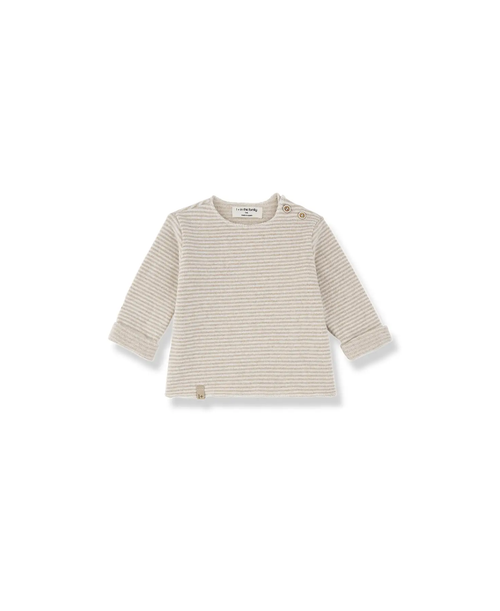 Aubin pull beige striped knit baby sweater with shoulder buttons; 1+ in the family label visible