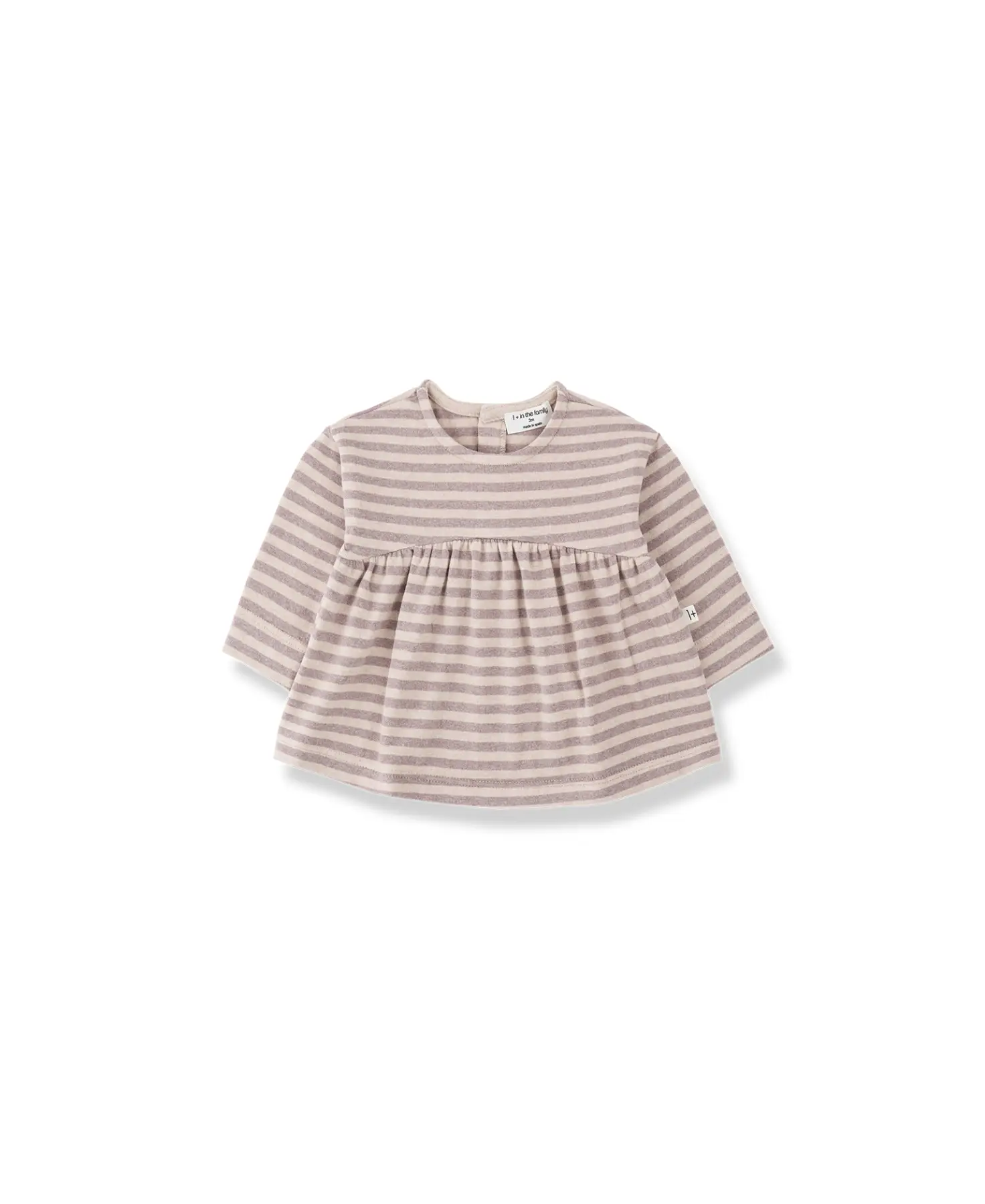 Sardegna blouse in nude striped pattern, long-sleeve baby top with gathered waist, 1+ in the Family label