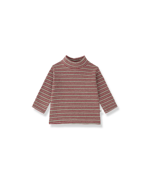 Sylvan striped knit turtleneck top in red and beige, long sleeves by Citron Grenadine.