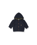 Edmonton gilet by Citron Grenadine, navy blue hooded cardigan with brown buttons and front pockets