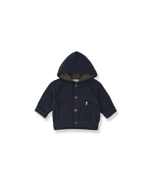 Edmonton gilet by Citron Grenadine, navy blue hooded cardigan with brown buttons and front pockets